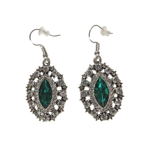 Silver Tone Dangle Earrings Green Crystal Rhinestone - Picture 2 of 4